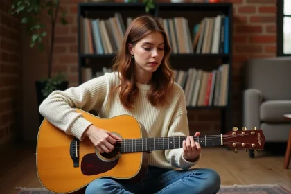 Jeune femme jouant les accords de Petite Marie à la guitare acoustique dans un salon chaleureux au décor bohème
