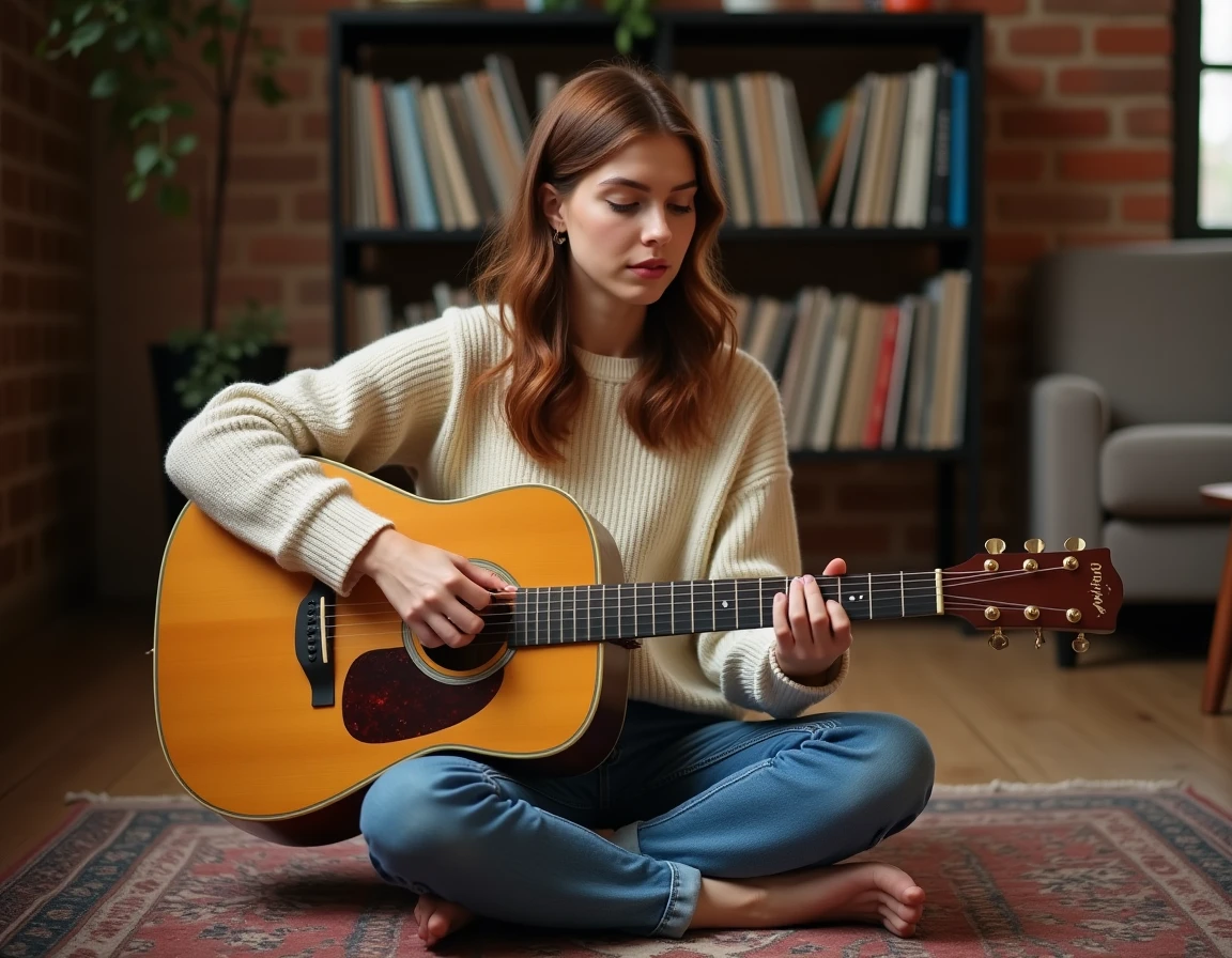 Jeune femme jouant les accords de Petite Marie à la guitare acoustique dans un salon chaleureux au décor bohème