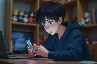 Adolescent vérifiant un code de jeu anime sur son smartphone dans sa chambre