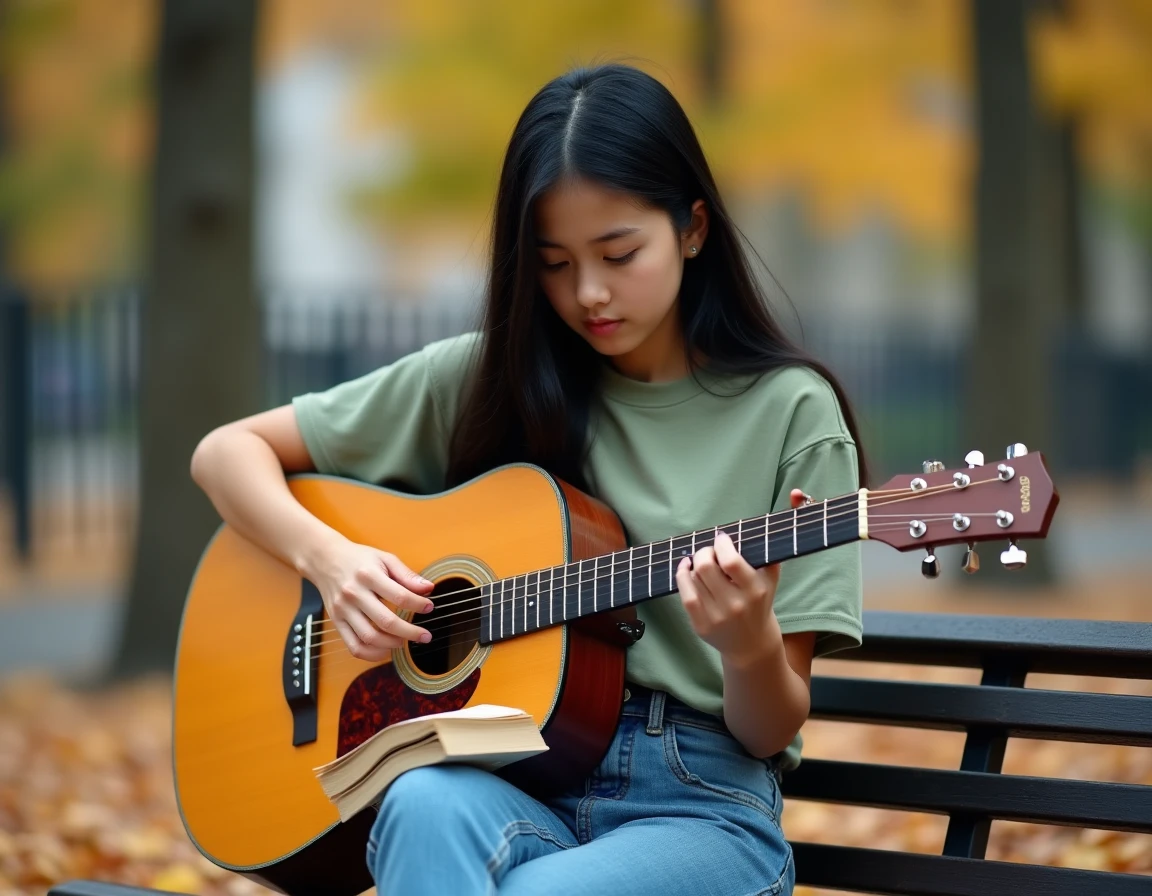 Adolescente apprenant les accords de Petite Marie à la guitare classique sur un banc de parc en automne