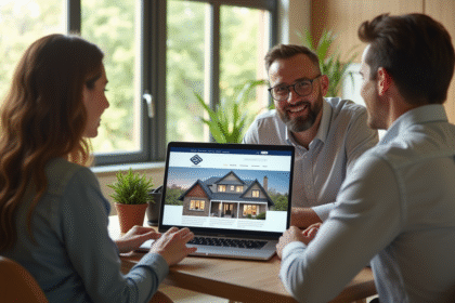 Agent immobilier présentant un site moderne à un couple dans un salon lumineux