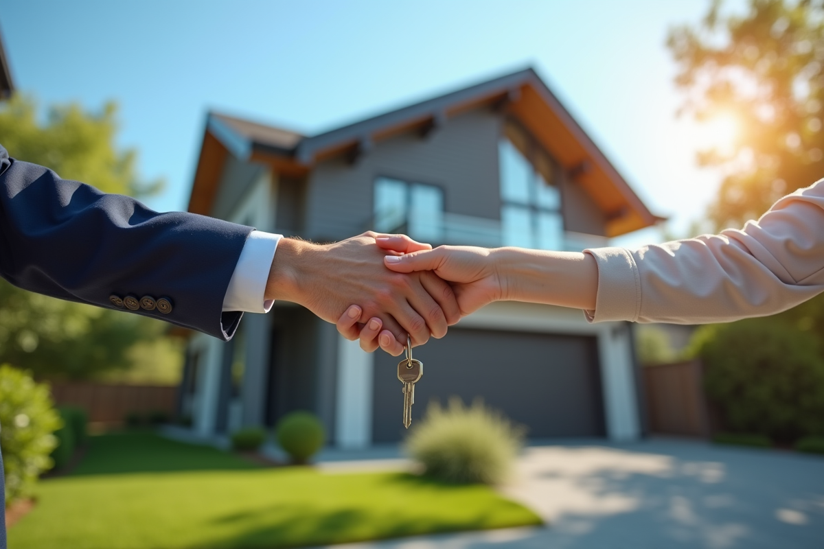 Agent immobilier donnant les clés à de jeunes propriétaires devant une maison moderne