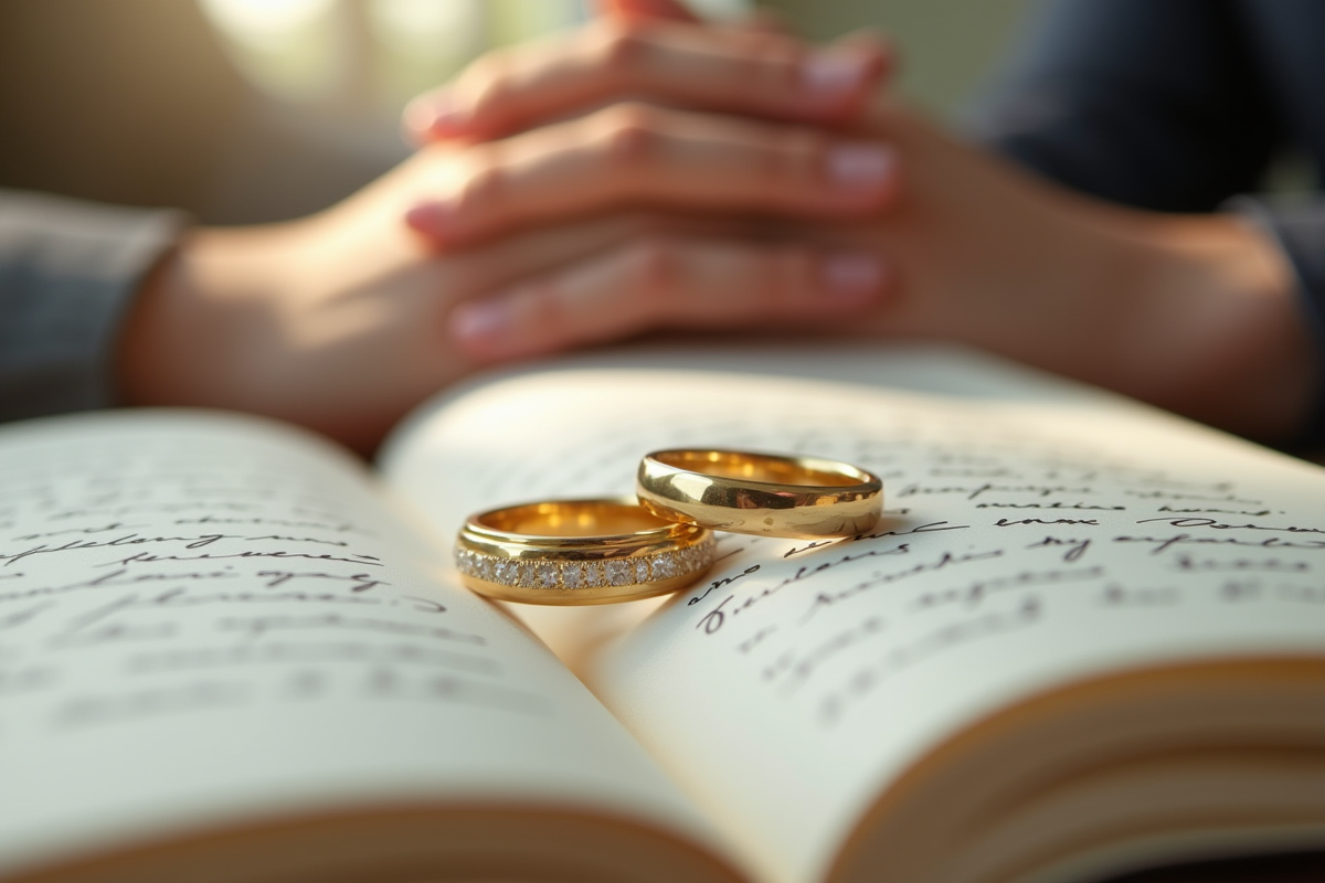 Alliances de mariage sur un livre avec mains jointes