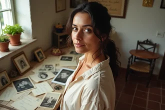 Jeune femme aux origines méditerranéennes et latines contemplant de vieilles photos de famille et des lettres manuscrites dans une maison familiale chaleureuse