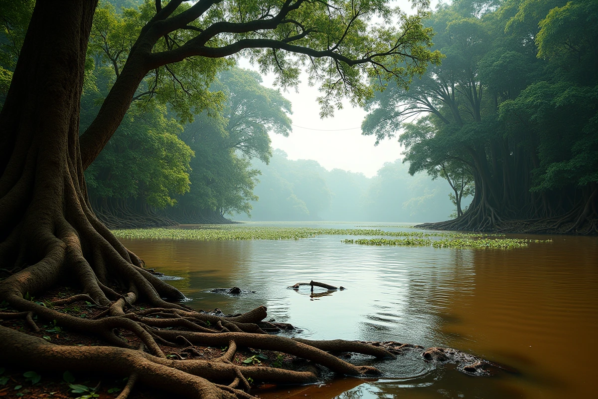 Rives luxuriantes de l'Amazone avec une large étendue d'eau brune et une forêt tropicale dense en arrière-plan