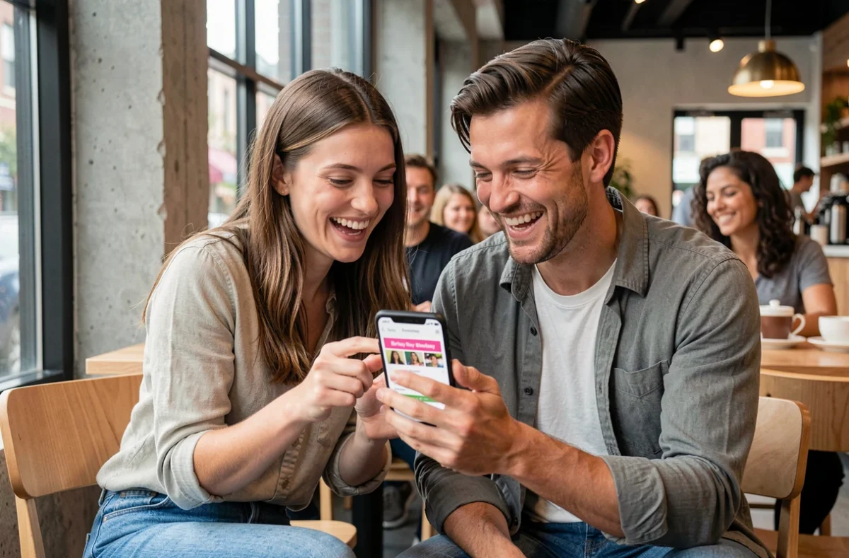 Deux amis riant ensemble en consultant une application de dates d'anniversaire de célébrités dans un café moderne