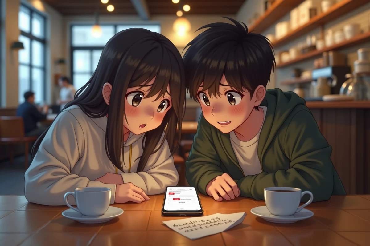 Deux amis découvrant un code anime invalide sur smartphone dans un café