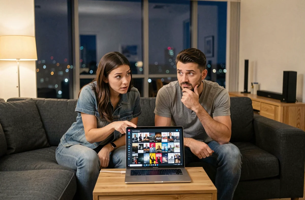 Deux amis discutant d'une série Netflix sur un canapé dans un appartement moderne avec vue sur la ville la nuit