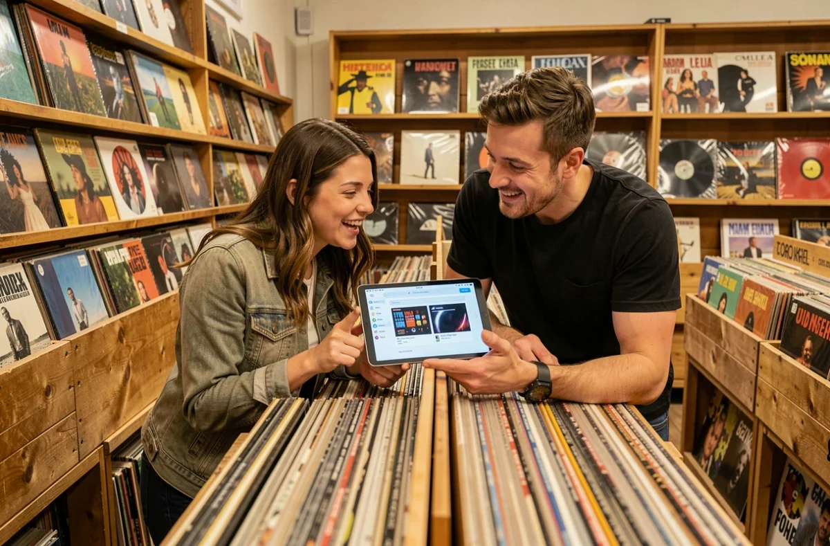 Deux amis dans un magasin de disques consultant une application musicale sur tablette pour comprendre les termes de recherche comme aj Les