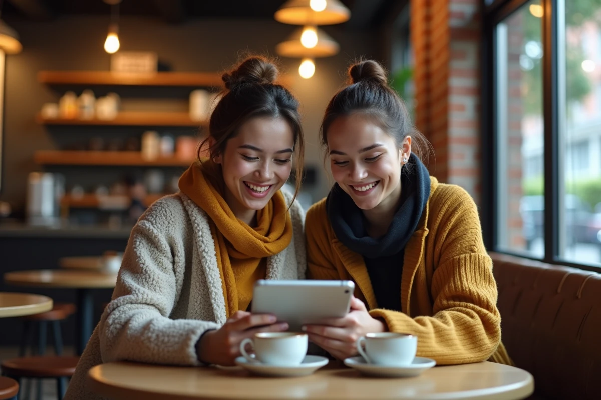Deux amis lisant ensemble des mangas BL sur une tablette dans un café, dans une ambiance détendue et privée