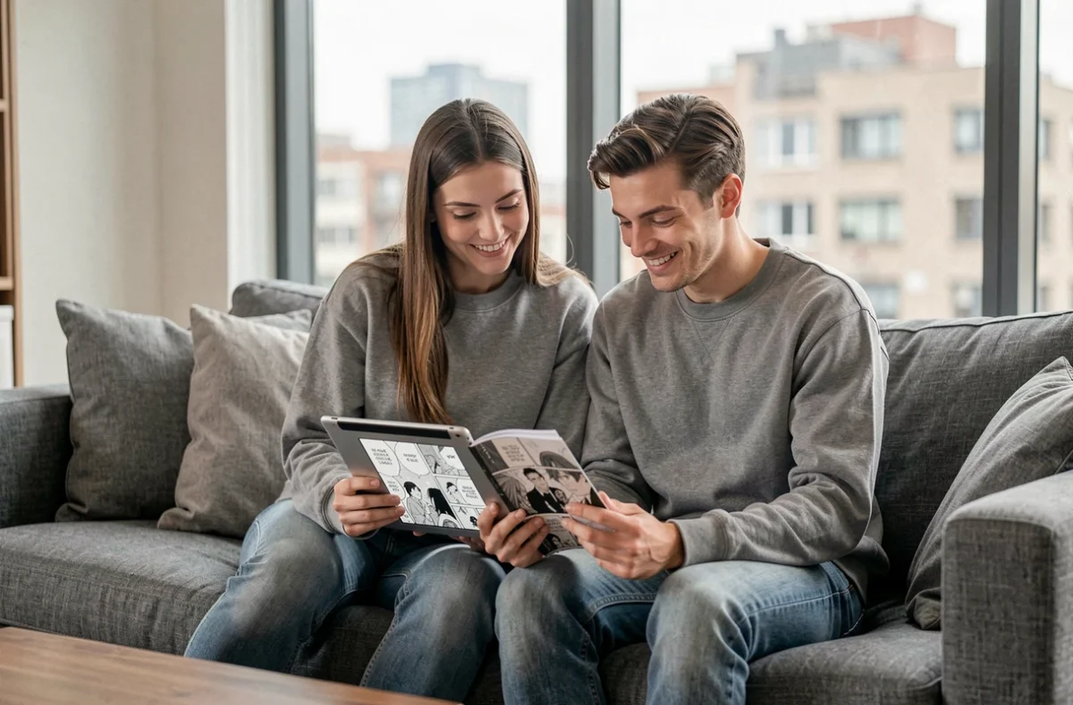 Deux amis adultes lisant des scans manga ensemble sur une tablette dans un salon moderne