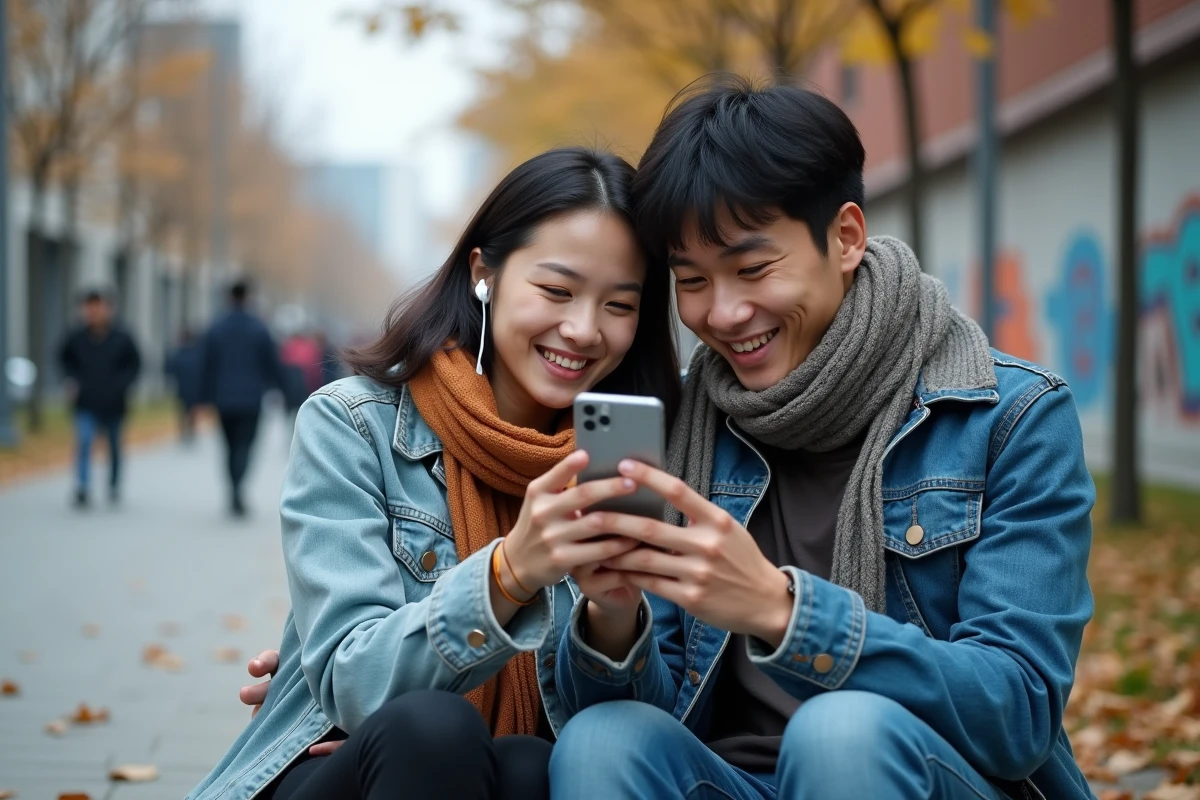 Deux amis partageant la lecture d'un webtoon gratuit sur smartphone en extérieur dans un cadre urbain