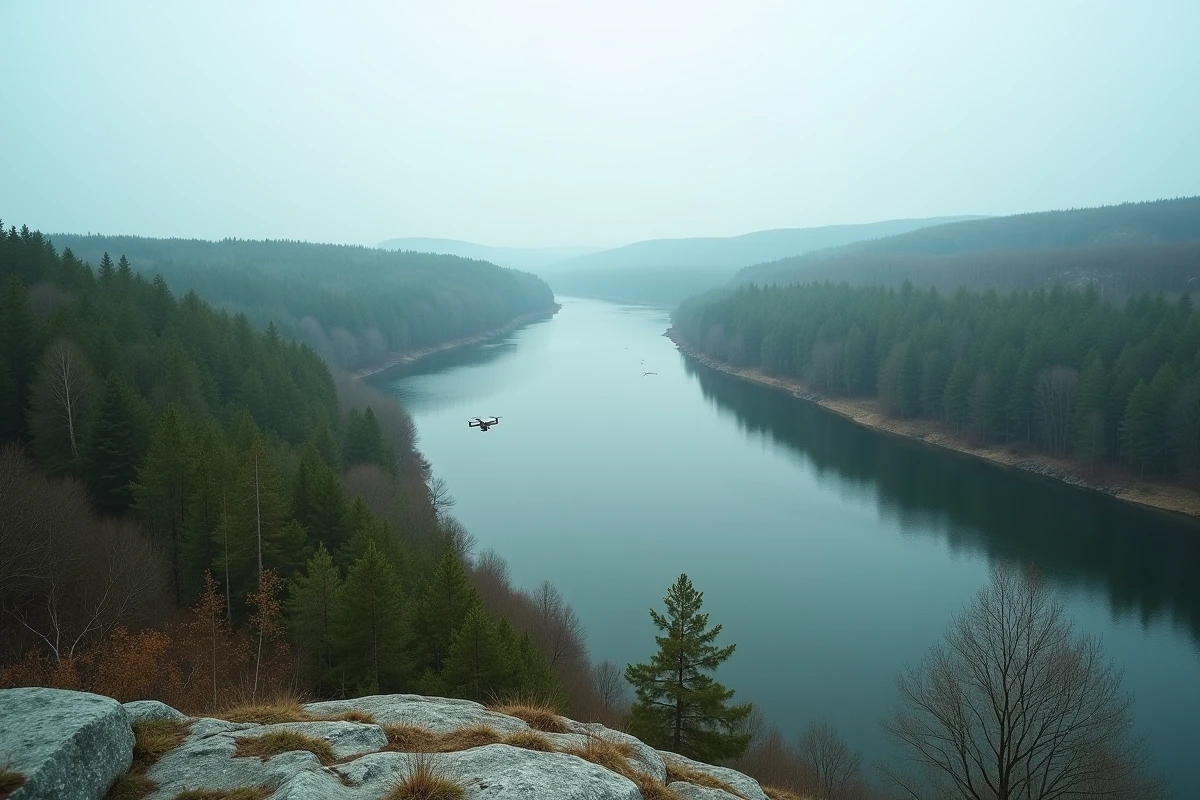 Le fleuve Amour formant la frontière entre la Russie et la Chine avec des forêts distinctes sur chaque rive