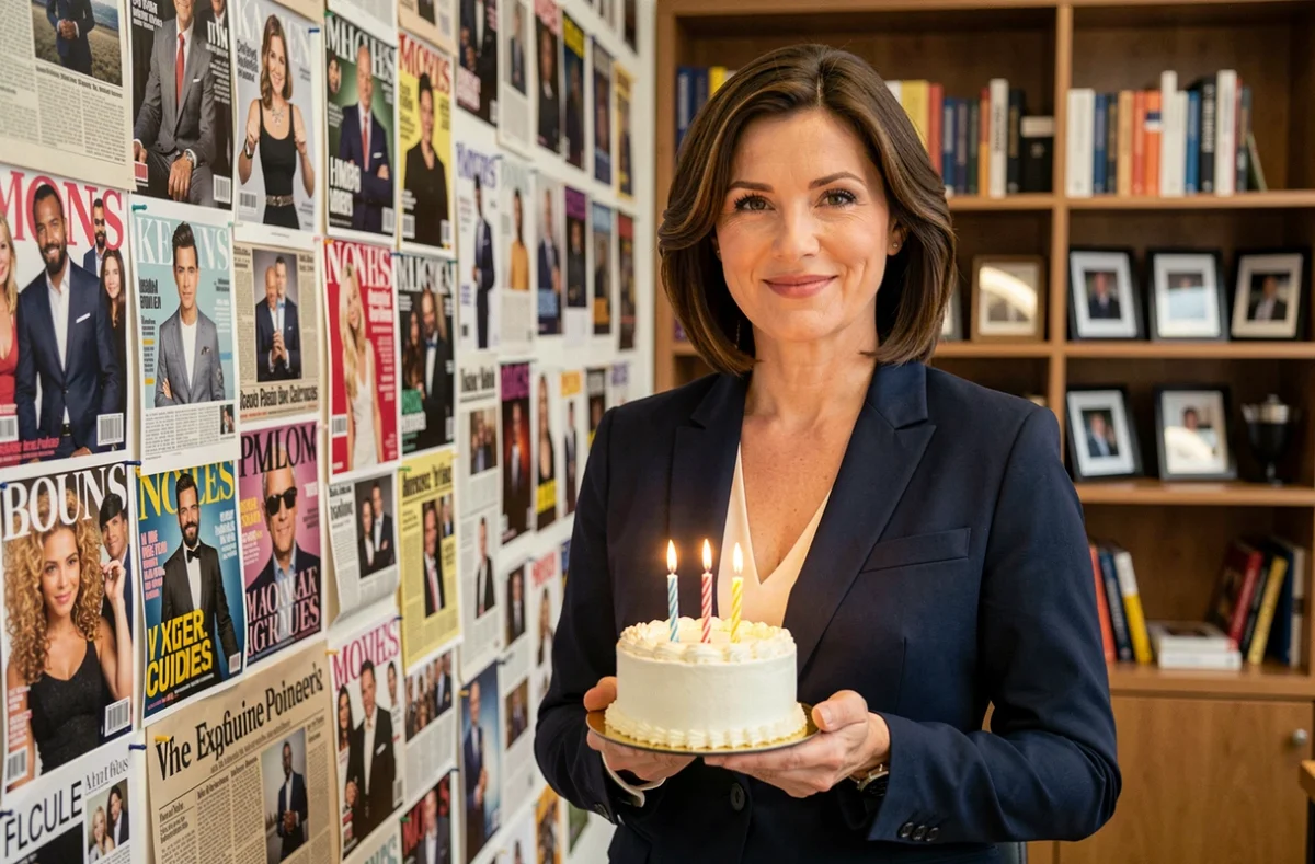 Femme tenant un gâteau d'anniversaire devant un mur de magazines célébrités dans un bureau éditorial élégant
