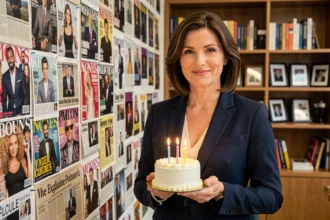 Femme tenant un gâteau d'anniversaire devant un mur de magazines célébrités dans un bureau éditorial élégant