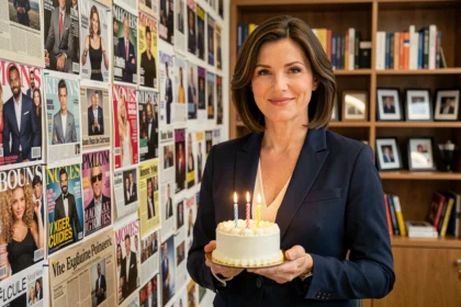Femme tenant un gâteau d'anniversaire devant un mur de magazines célébrités dans un bureau éditorial élégant