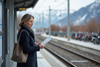 Femme consultant le panneau horaire d'un arrêt de tramway à Grenoble en hiver