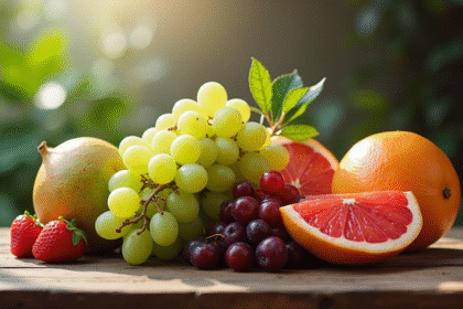 Assortiment de fruits frais G sur table en bois