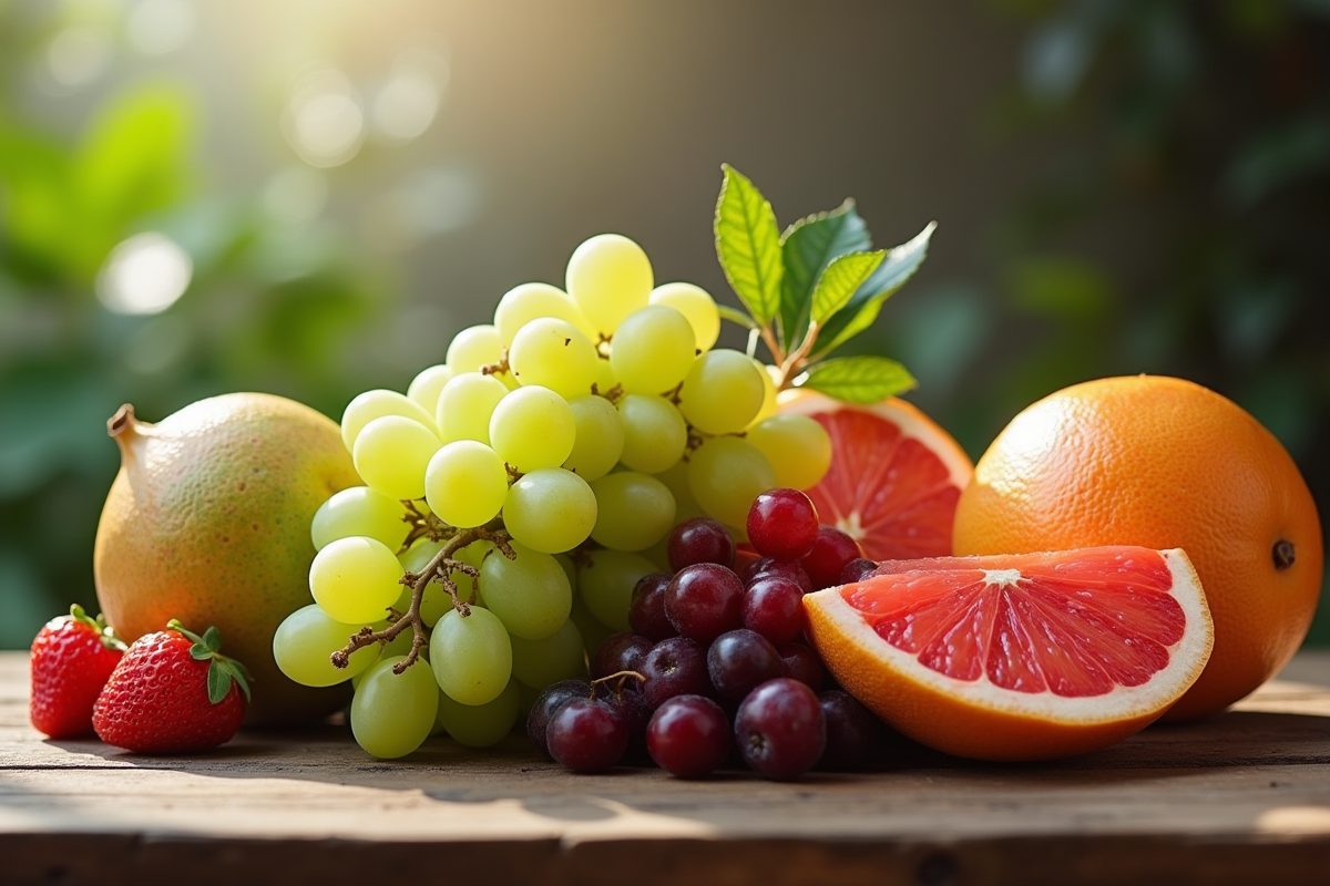 Assortiment de fruits frais G sur table en bois