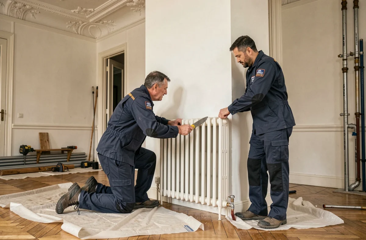Deux techniciens des Ateliers Rouennais Services 76 installent un radiateur dans un appartement haussmannien avec parquet et moulures d'époque