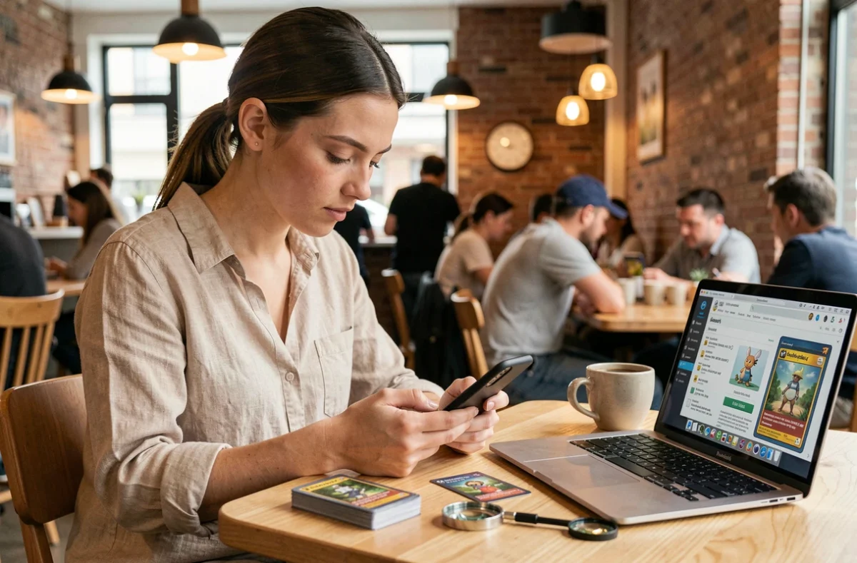 Jeune femme authentifiant des cartes Pokémon à l'aide d'une application de cotation dans un café urbain