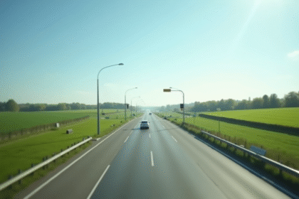 Autoroute en France ensoleillée avec panneaux de péage