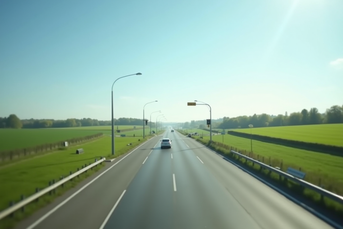 Autoroute en France ensoleillée avec panneaux de péage