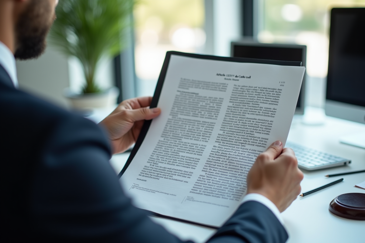 Avocat en costume lisant un document juridique dans un bureau moderne lumineux
