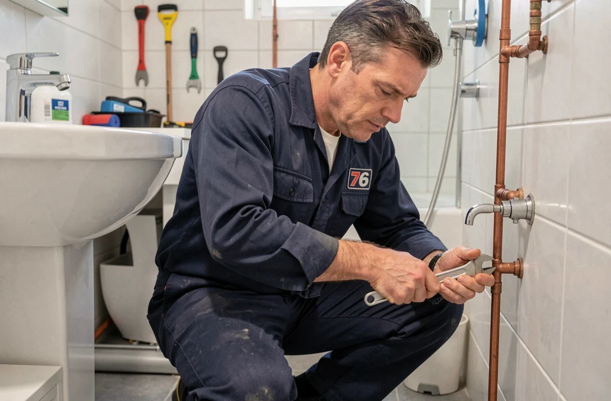 Un technicien de Berquez Services 76 installe des raccords de tuyauterie en cuivre dans une salle de bain résidentielle moderne