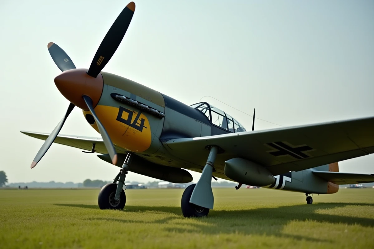Vue grand angle au sol d'un Bf 109 G en état de vol sur une piste en herbe, montrant les détails authentiques du fuselage et de la motorisation d'époque