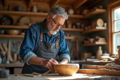 Homme menuisier en tablier en denim sculptant un bol en bois