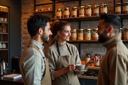 Vendeuse experte conseillant un couple de débutants sur le café civette dans une boutique spécialisée à Paris