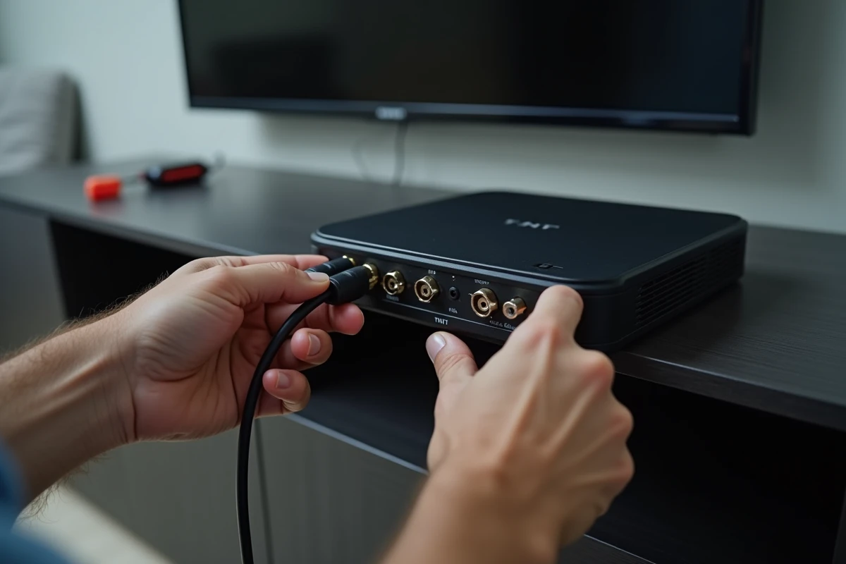 Branchement d'un câble coaxial sur un décodeur TNT lors de l'installation à domicile