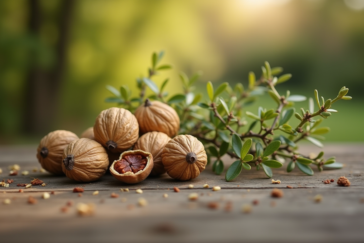 Branches de noyer fraîchement coupées avec bourgeons sur une table en bois