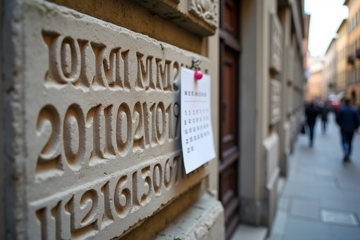Calendrier en chiffres romains gravés dans la pierre comparé à un calendrier imprimé moderne sur un mur historique