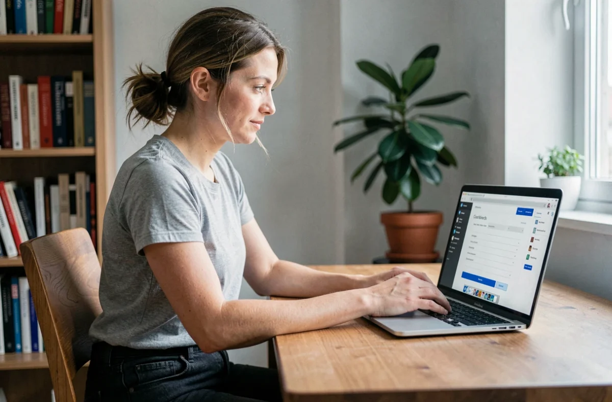 Femme postulant à un casting de figurant rémunéré en ligne depuis son bureau à domicile