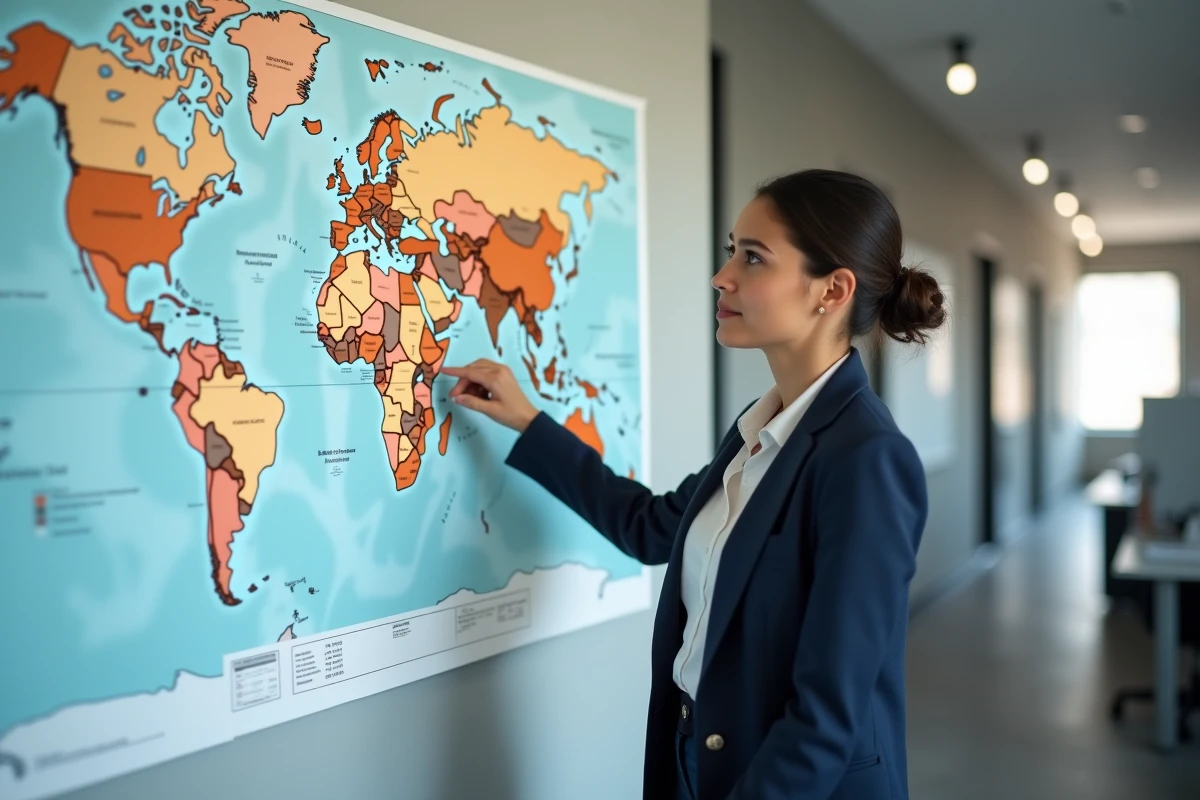 Femme indiquant les pays du Maghreb sur une carte du monde pour expliquer les indicatifs téléphoniques régionaux