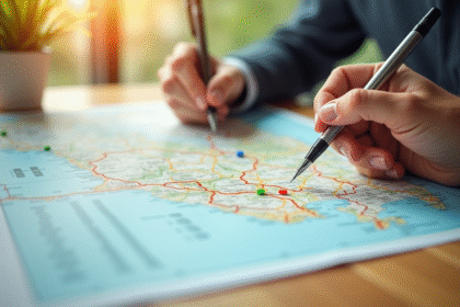 Carte routière ouverte sur une table en bois avec des surlignages colorés