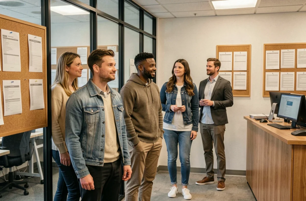 Groupe de figurants adultes en attente dans une agence de casting moderne en 2026