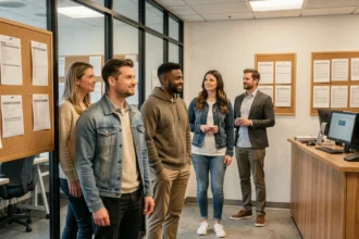Groupe de figurants adultes en attente dans une agence de casting moderne en 2026