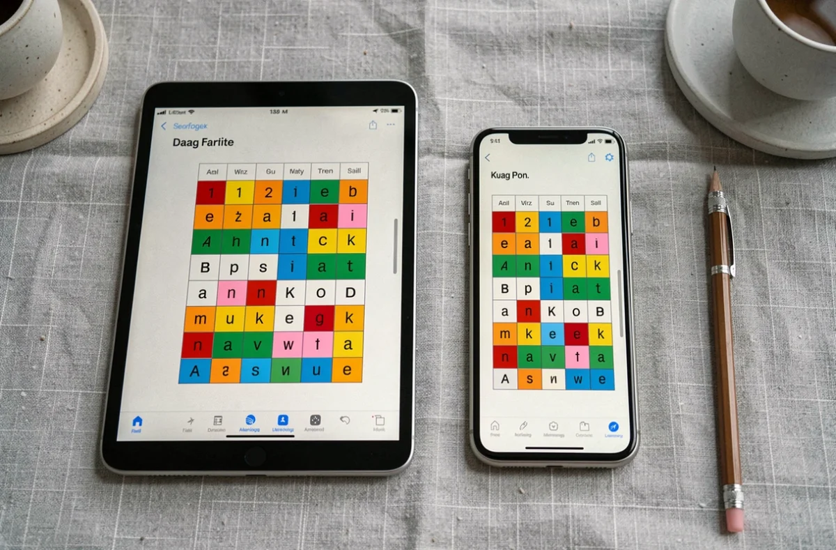 Comparaison de Cémantix sur tablette et smartphone posés côte à côte sur une surface en lin