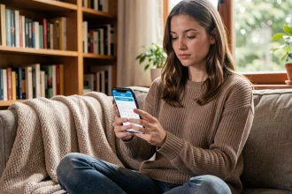 Jeune femme jouant à Cémantix sur smartphone dans un salon confortable