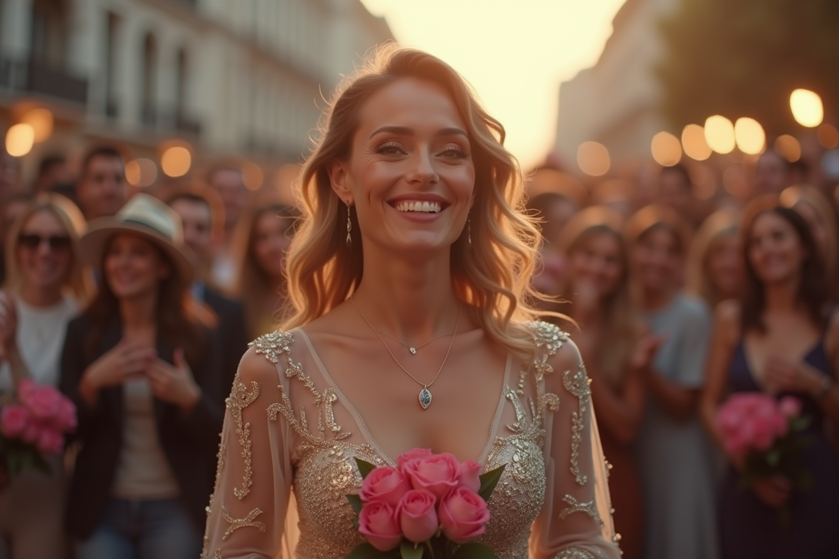 Chanteuse francaise souriante avec des fans en plein air
