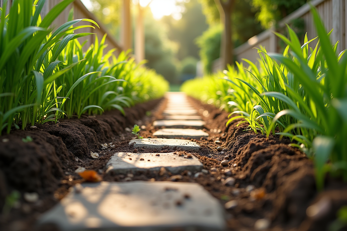 Allée de jardin bien entretenue avec racines de mauvaises herbes enlevées