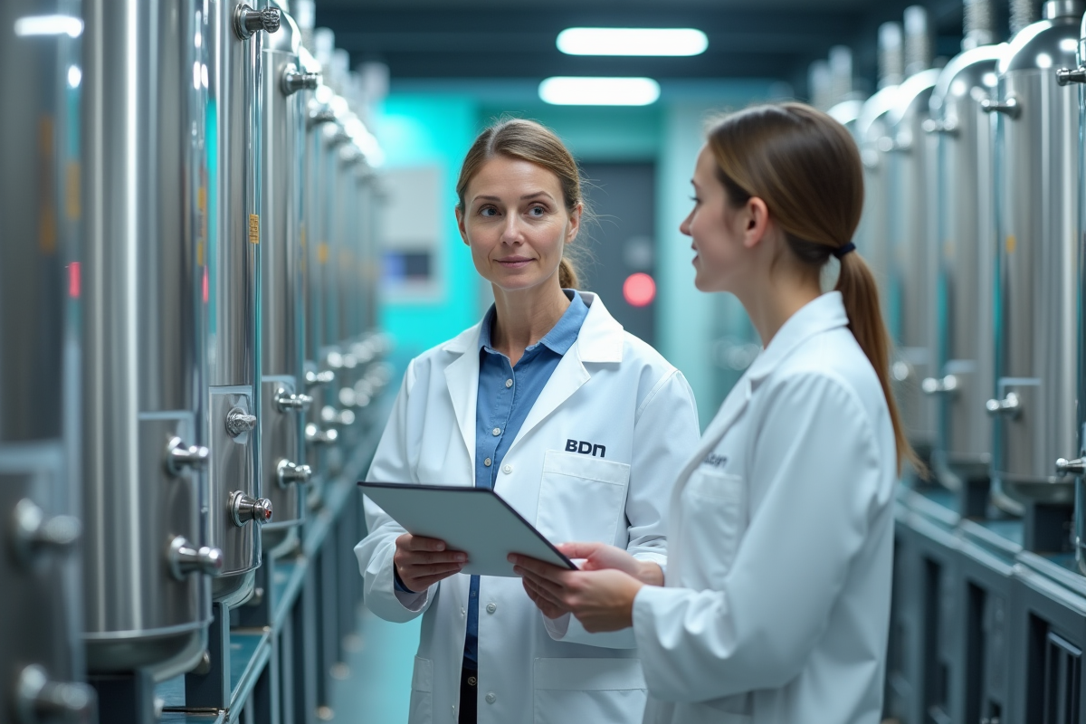 Chercheuse en laboratoire avec tanks de stockage hydrogene