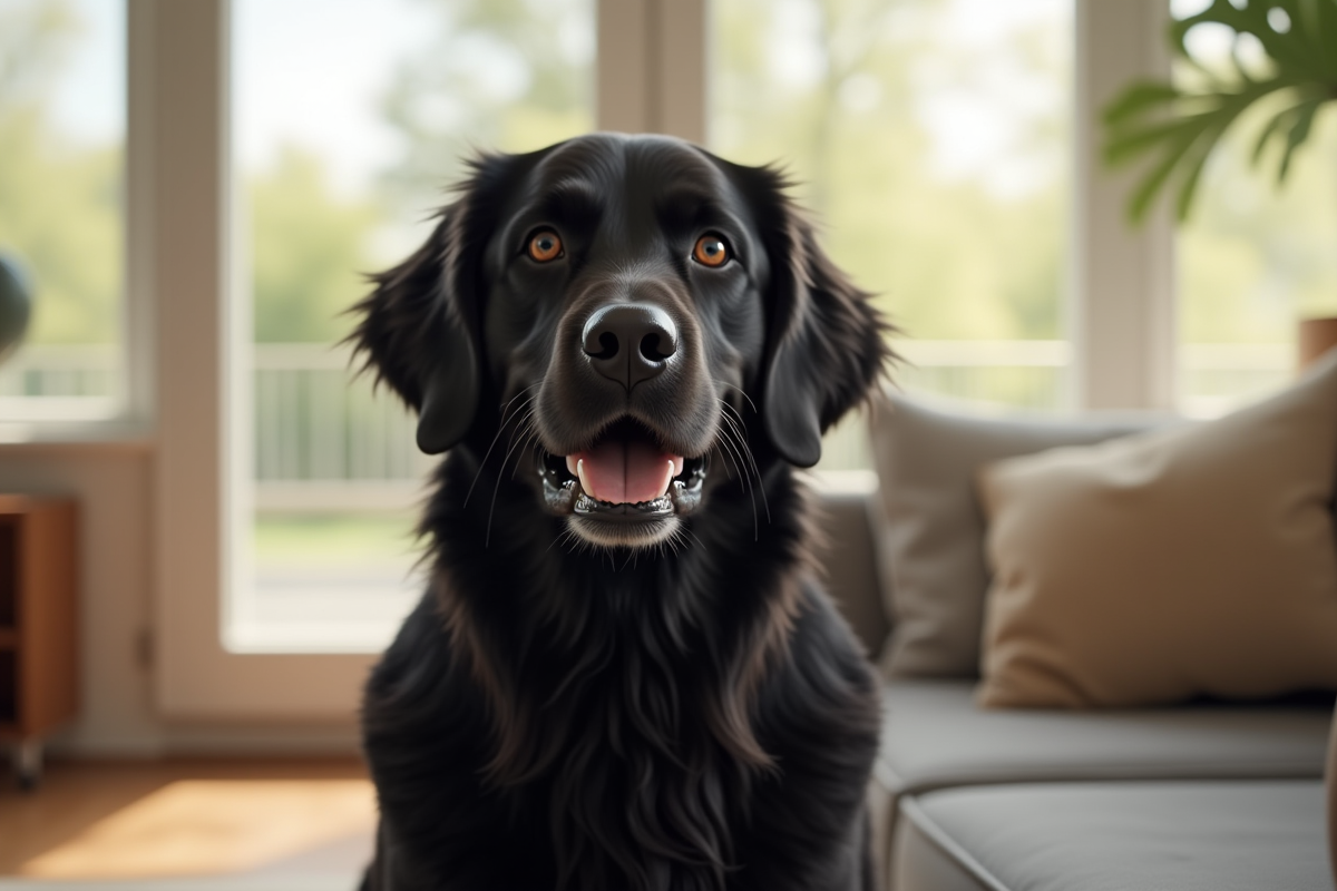 Retriever noir dans un salon lumineux avec lumière naturelle