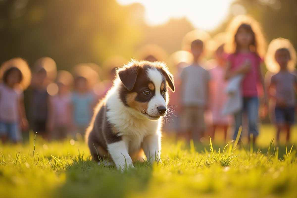 Chiot Australian Shepherd avec des enfants dans un champ ensoleille
