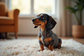 Chiot dachshund tacheté assis sur un tapis lumineux