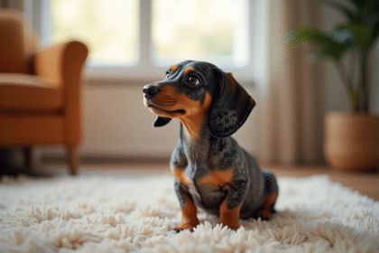 Chiot dachshund tacheté assis sur un tapis lumineux