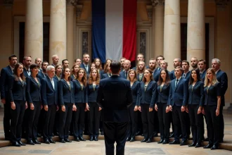 Chœur en tenue officielle chantant la Marseillaise lors d'une cérémonie dans une salle municipale française ornée de colonnes et d'un drapeau tricolore